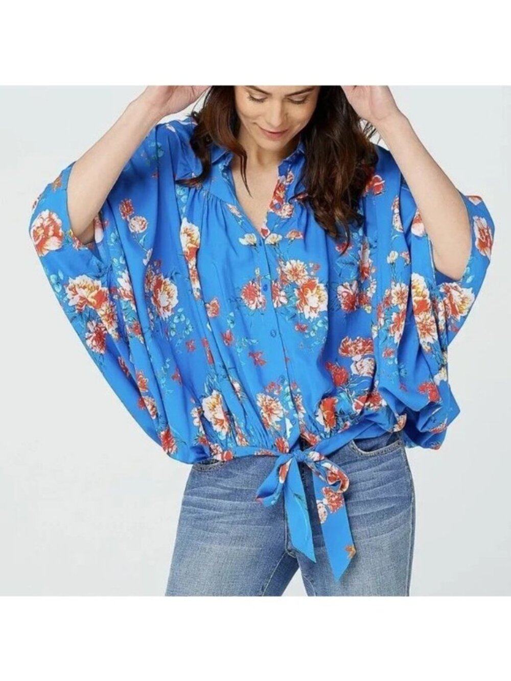 Tolani Collection Blouse Small Multi Print Front Tie Top Blue Boho Hippie NEW